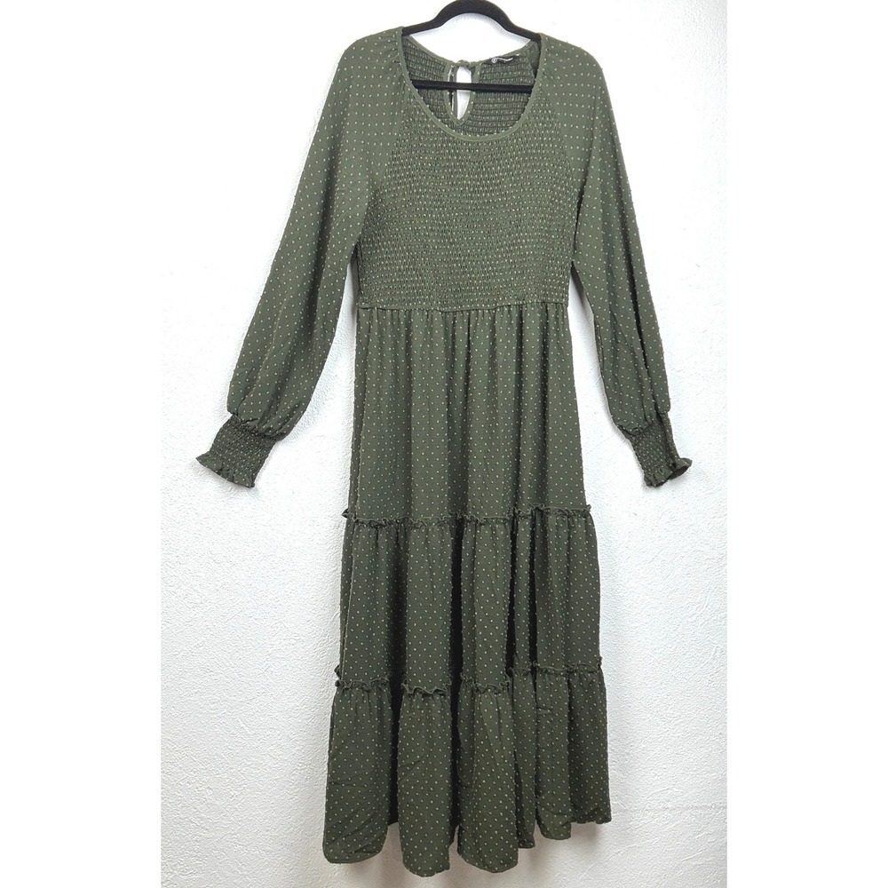 PrettyGarden Olive Green Swiss Dot Smocked Tiered Midi Dress - L- Boho Romantic